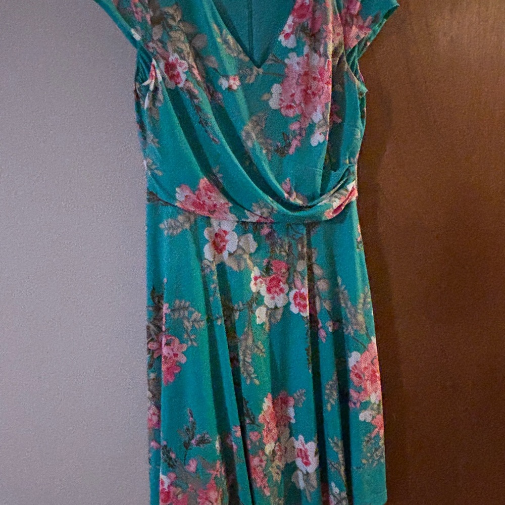 dressbarn Teal and Pink Floral Midi Dress 12P